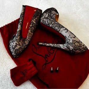 Christian Louboutin Black Lace platform 3.5 inch peep toe, Heels with Red Soles